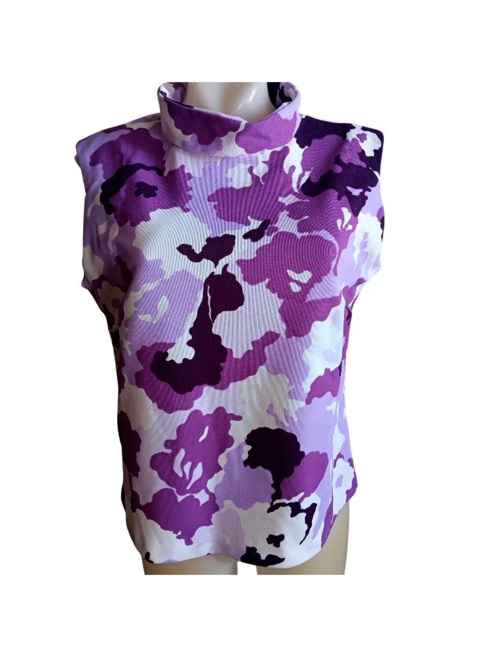 Vintage Polyester Zipback Top Large 1OF1 Women's 70's Purple Floral Sleeveless